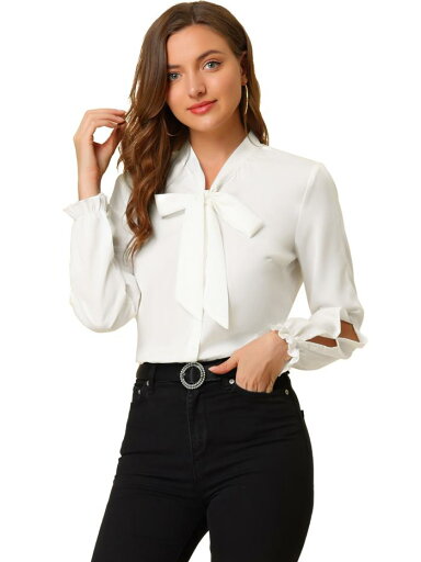 Allegra K ボウタイブラウス エレガント 蝶ネクタイネック 長袖 シャツワークブラウス レディース ホワイト XL Allegra K ボウタイブラウス エレガント 蝶ネクタイネック 長袖 シャツワークブラウス レディース ホワイト XL