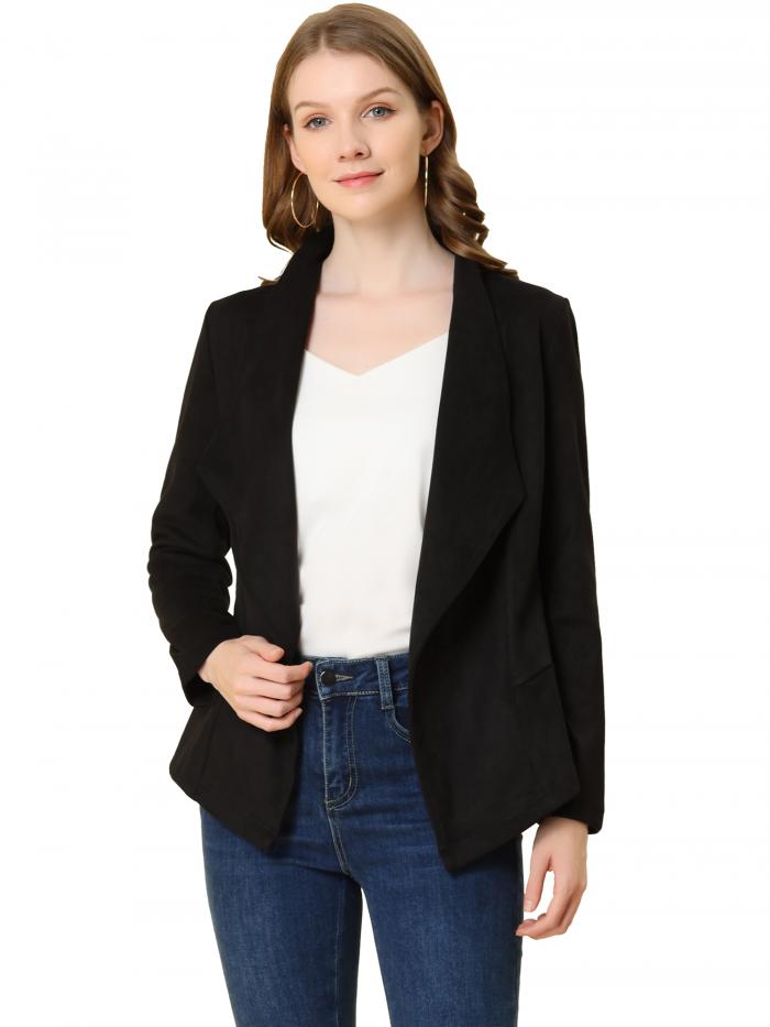 Allegra K カーディガン フェイクスエード ジャケット オープンフロント 前開き アウトウェア レディース ブラック XS