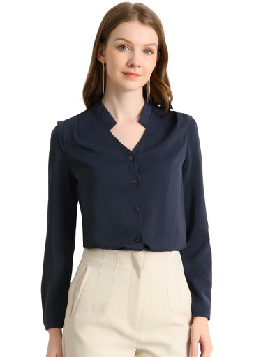 Allegra K シフォンブラウス シャツ Vネック ワーク オフィス ボタンアップ エレガント レディース ネイビーブルー S Allegra K シフォンブラウス シャツ Vネック ワーク オフィス ボタンアップ エレガント レディース ネイビーブルー S