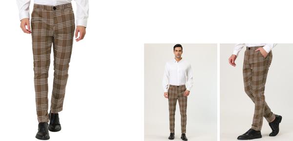 Lars Amadeus ビジネスパンツ チェック柄パンツ ペンシルパンツ フォーマル スリムフィット メンズ ダークブラウン 36