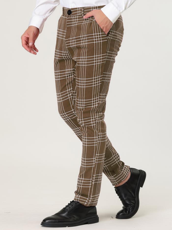 Lars Amadeus ビジネスパンツ チェック柄パンツ ペンシルパンツ フォーマル スリムフィット メンズ ダークブラウン 36