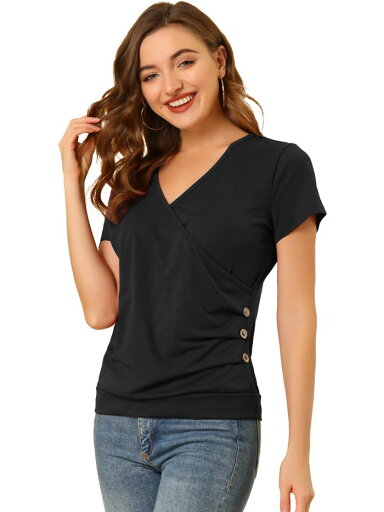 Allegra K ブラウス レディース 半袖 コットンブラウス ボタン付き Vネック ブラウス シャツ オフィス おしゃれ トップス 無地 カジュアル 普段着 通勤 フォーマル ブラック XS Allegra K ブラウス レディース 半袖 コットンブラウス ボタン付き Vネック ブラウス シャツ オフィス おしゃれ トップス 無地 カジュアル 普段着 通勤 フォーマル ブラック XS