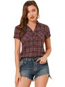 Allegra K 赤チェックシャツ 半袖 フランネル レディース ボタンダウン カジュアル 夏 ブルゴーニュ L