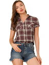 Allegra K 赤チェックシャツ 半袖 フランネル レディース ボタンダウン カジュアル 夏 ベージュレッド XS