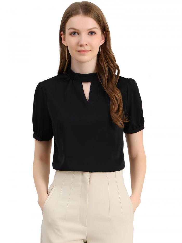 Allegra K 白ブラウス トップス プリーツ パフスリーブ 半袖 スタンドカラー オフィス レディース ブラック XS