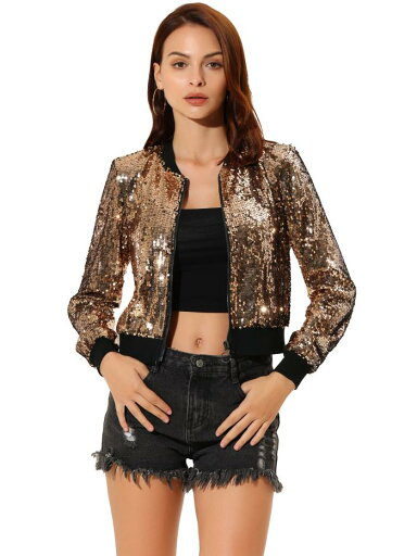 Allegra K ボンバージャケット スパンコールトップ 長袖 シャイニー パーティー レディース ゴールド XS Allegra K ボンバージャケット スパンコールトップ 長袖 シャイニー パーティー レディース ゴールド XS