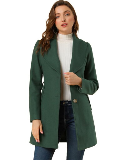 Allegra K ロングコート アウター スリム シングルブレスト ベルト付き カジュアル 秋冬 レディース グリーン XS Allegra K ロングコート アウター スリム シングルブレスト ベルト付き カジュアル 秋冬 レディース グリーン XS