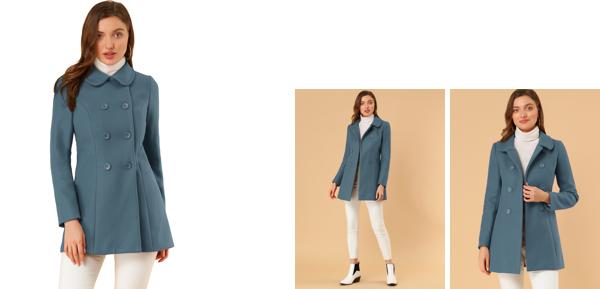 Allegra K トレンチコート ダブルブレスト 丸襟 アウターウェア 長袖 防寒 秋冬 レディース グレーブルー XS