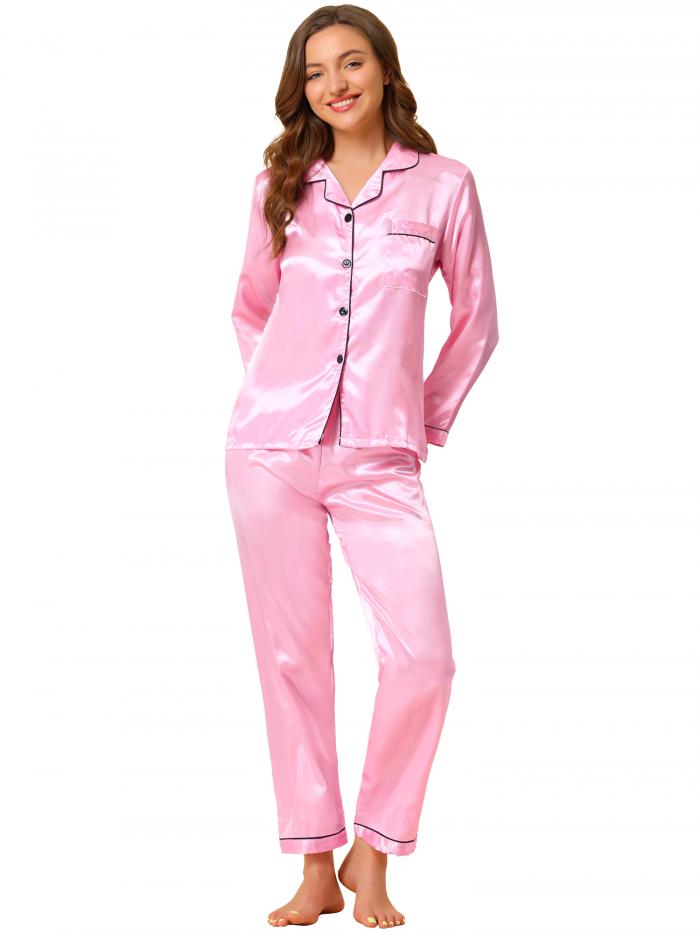 Allegra K パジャマ 上下セット 長袖 前開きパジャマ 部屋着 ルームウェア ナイトスーツ レディース ピンク XS