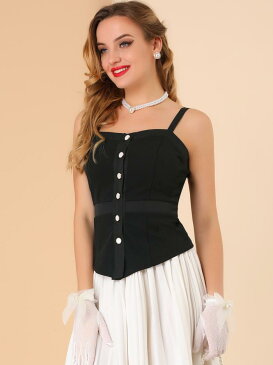 Allegra K タンクトップス ネクタイウエスト 1950年代 ヴィンテージ スパゲッティストラップ ボタンフロント カジュアル レディース ブラック XS