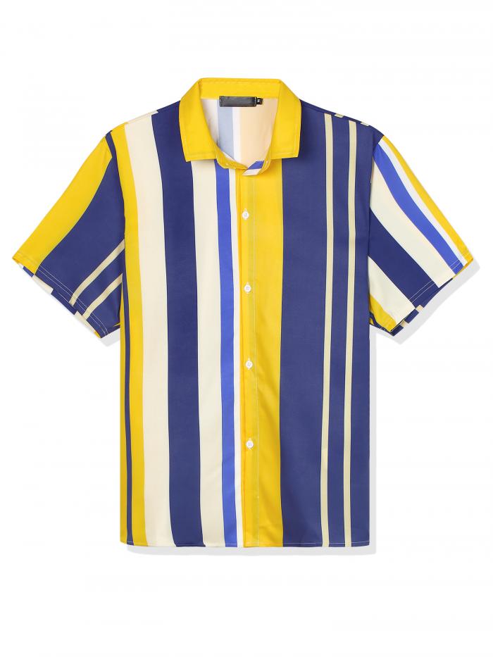 Lars Amadeus ストライプシャツ 半袖 ボタンダウンシャツ 襟付き ビーチ 夏 メンズ イエローブルー S