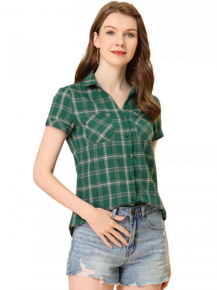 Allegra K 赤チェックシャツ 半袖 フランネル レディース ボタンダウン カジュアル 夏 グリーンベージュ L