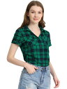 Allegra K 赤チェックシャツ 半袖 フランネル レディース ボタンダウン カジュアル 夏 ブルーグリーン S