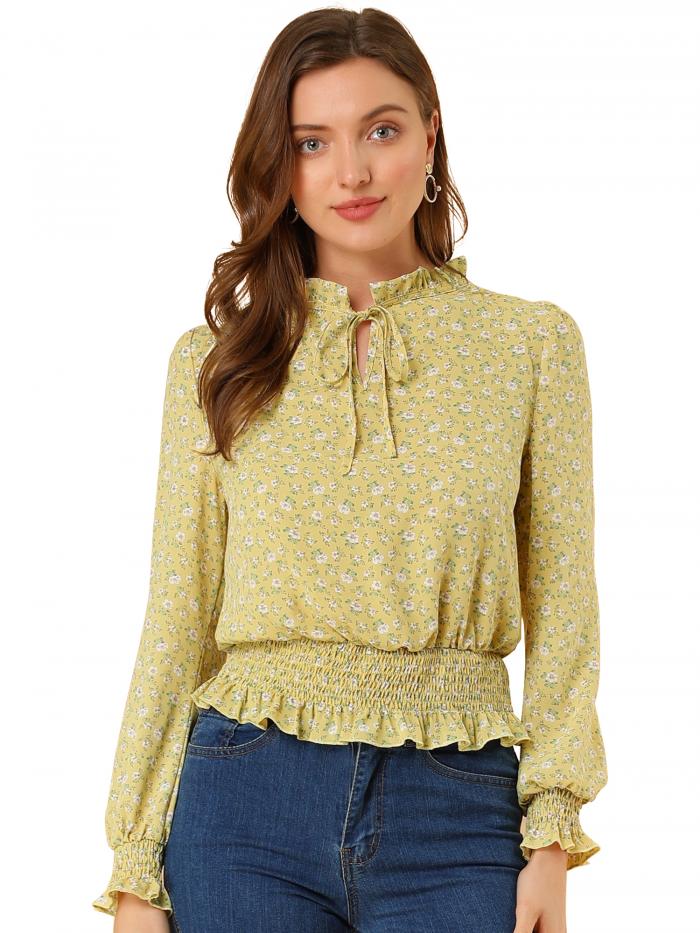 Allegra K 花柄 ブラウス ボウタイ フリル ペプラム スモック パフスリーブ 長袖 レディース イエロー S