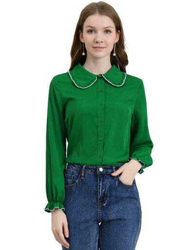 Allegra K 襟付きブラウス 丸襟 ブラウス 白 シャツ 長袖 可愛い おしゃれ オフィス カジュアル レディース ダークグリーン S Allegra K 襟付きブラウス 丸襟 ブラウス 白 シャツ 長袖 可愛い おしゃれ オフィス カジュアル レディース ダークグリーン S