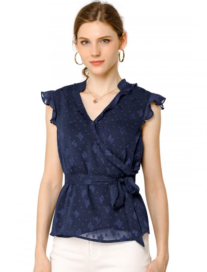 Allegra K ペプラム トップス ブラウス Vネック フリル ノースリーブ レディース ダークブルー M