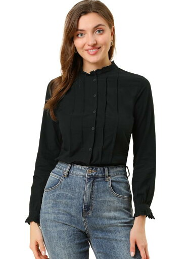 Allegra K オフィスシャツ 長袖 モックネックレースボタン アップ フリル エレガント レディース ブラック L Allegra K オフィスシャツ 長袖 モックネックレースボタン アップ フリル エレガント レディース ブラック L