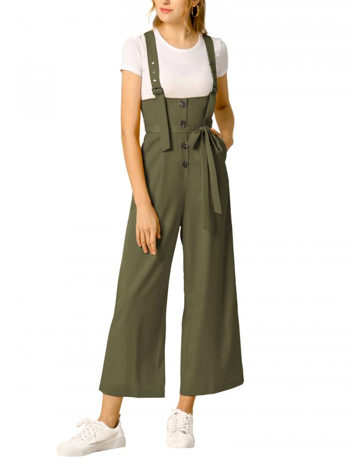Allegra K サロペットパンツ ハイウエスト オーバーオール 前ボタン ワイドパンツ レディース アーミーグリーン M