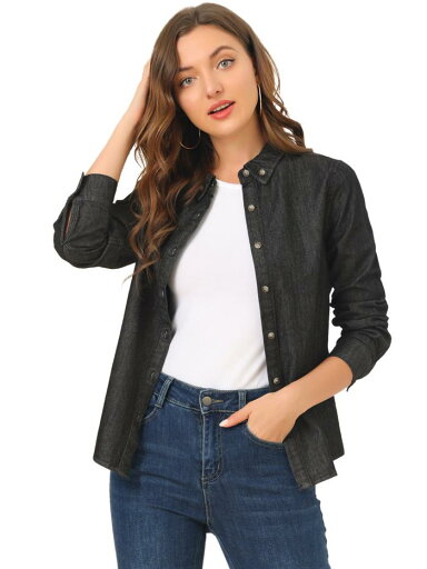 Allegra K デニムシャツ 長袖 ボタンダウン トップス カジュアル ゆったり レディース ブラック XS Allegra K デニムシャツ 長袖 ボタンダウン トップス カジュアル ゆったり レディース ブラック XS