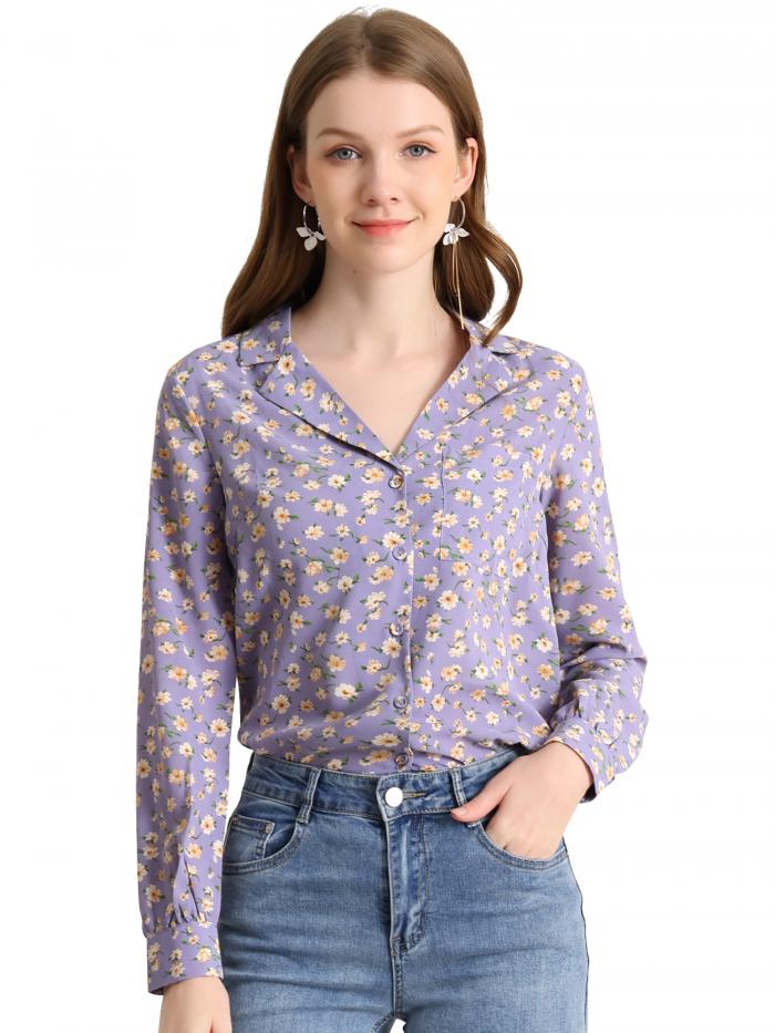 Allegra K シャツ トップス ボタンダウン Vネック ノッチドラペル 長袖 胸ポケット レディース パープルグレー L