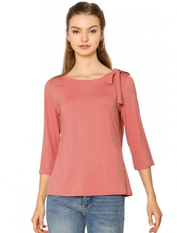 Allegra K ニット トップス 七分袖 無地 スリム カットソー ボウネック カジュアル レディース ダスティレッド S