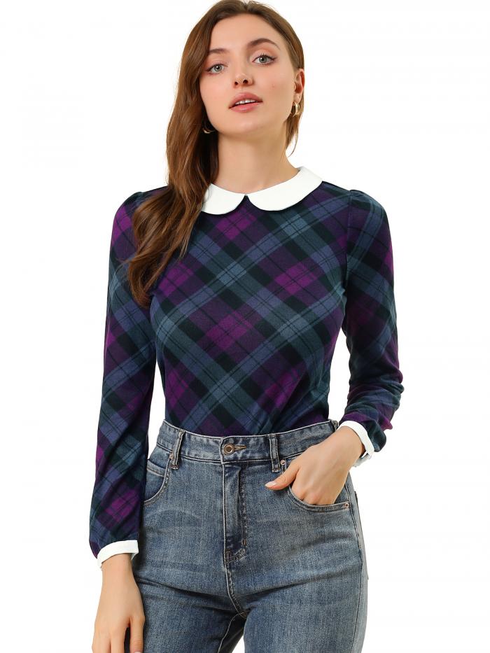 Allegra K ハロウィン衣装 チェック柄 丸襟 ブラウス シャツ パフスリーブ 長袖 丸首 レディース パープル XL