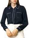 Allegra K ボタンダウン シャツ ブラウス 長袖 事務服 通勤 オフィス カジュアル レディース ネイビーブルー M