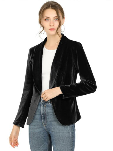 Allegra K ベルベット ブレザー コート ショール襟 ボタン留め オフィス 事務服 無地 レディース ブラック XL Allegra K ベルベット ブレザー コート ショール襟 ボタン留め オフィス 事務服 無地 レディース ブラック XL