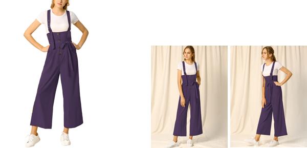Allegra K サロペットパンツ ハイウエスト オーバーオール 前ボタン ワイドパンツ レディース ダークパープル S
