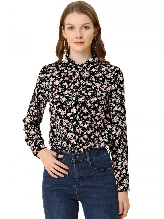 Allegra K 花柄シャツ ブラウス 長袖 おしゃれ ボタンダウン 通勤 オフィス カジュアル レディース ブラック ピンク花 M