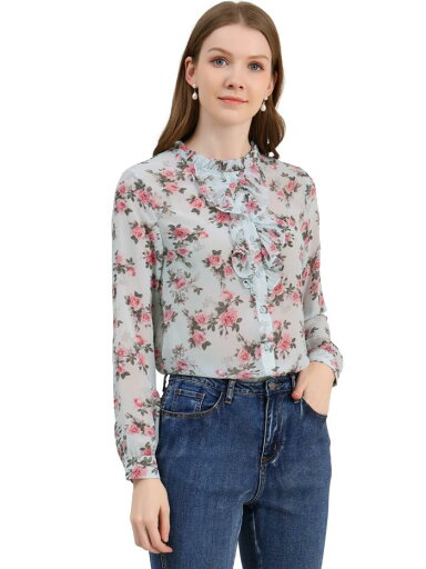 Allegra K 花柄 フリルブラウス シャツ ボタンダウン 長袖 オフィス カジュアル レディース ライトブルー M Allegra K 花柄 フリルブラウス シャツ ボタンダウン 長袖 オフィス カジュアル レディース ライトブルー M