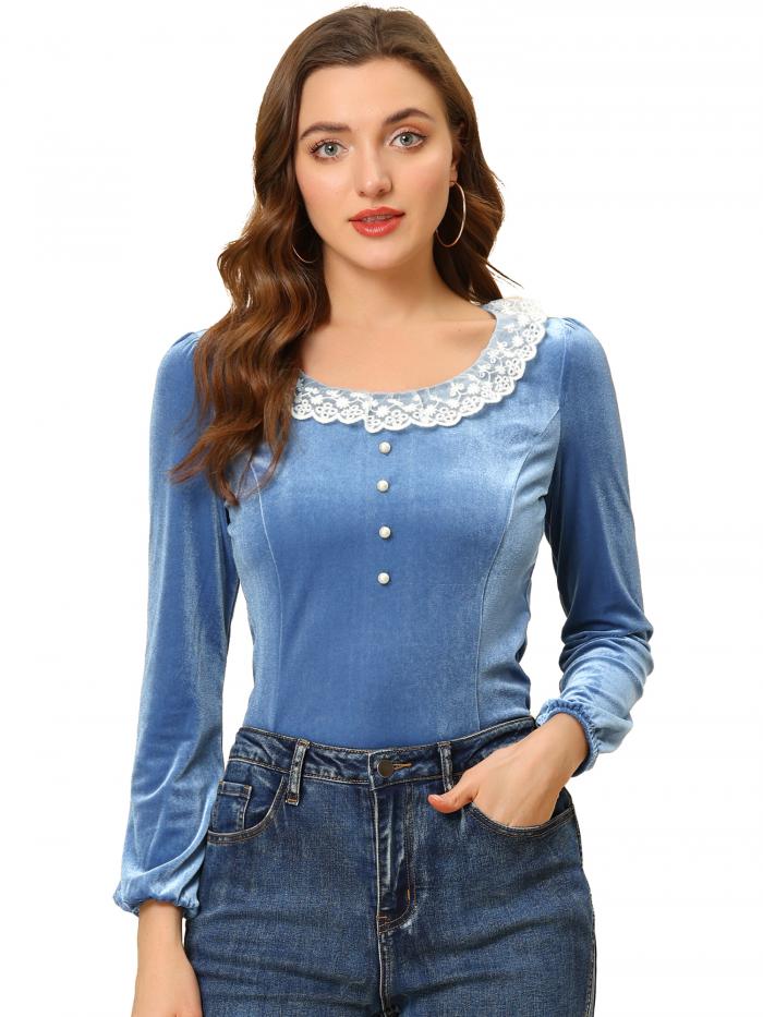 Allegra K トップス シャツ レトロ ベルベット クープネック スリムフィット レースパネル レディース ネイビー S
