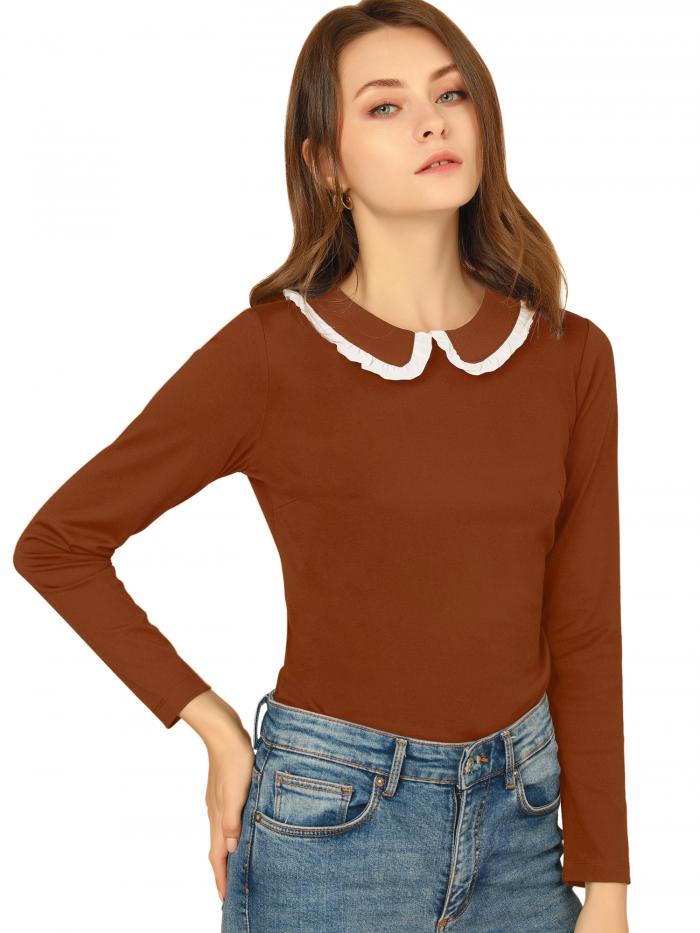 Allegra K フリル 丸襟 ブラウス トップス 長袖 オフィス カジュアル レディース ブラウン S