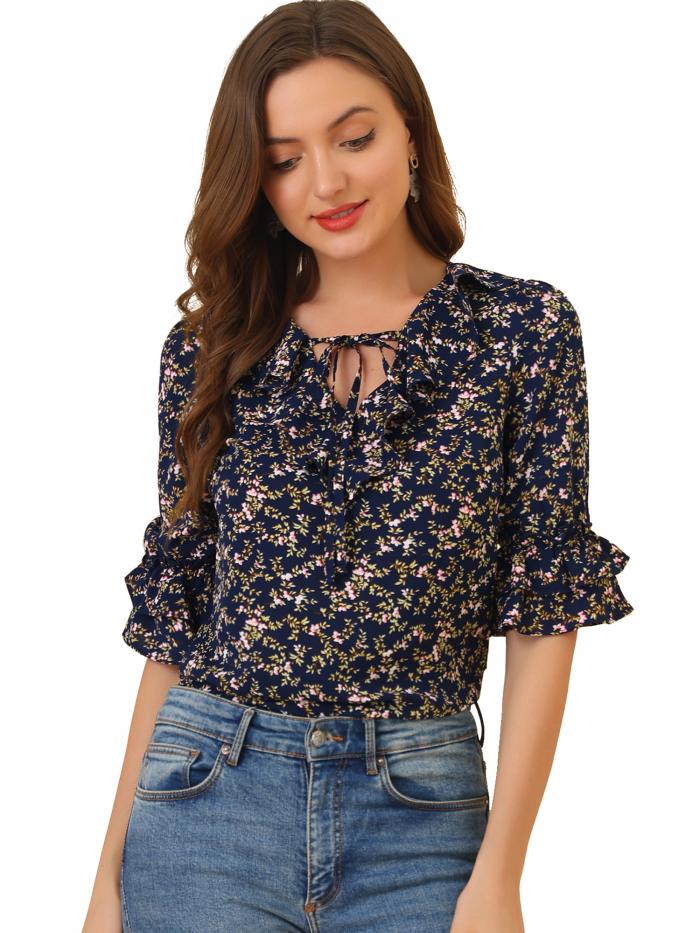 Allegra K 花柄ブラウス フリルボウタイネック レイヤード フリル袖 カジュアル レディース ネイビーブルー XS