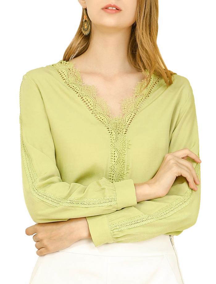 Allegra K かぎ針編み レース シャツ ブラウス トップス Vネック パッチワーク レディース グリーン S