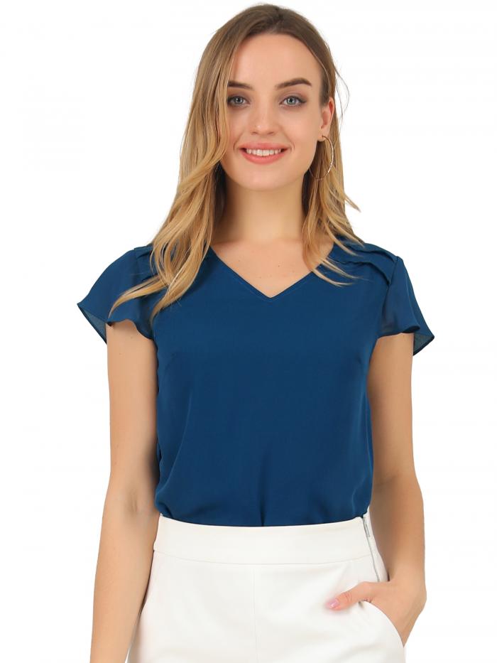 Allegra K シフォンブラウス プリーツ Vネック キャップスリーブ セミシアー トップス シャツ レディース ダークブルー M