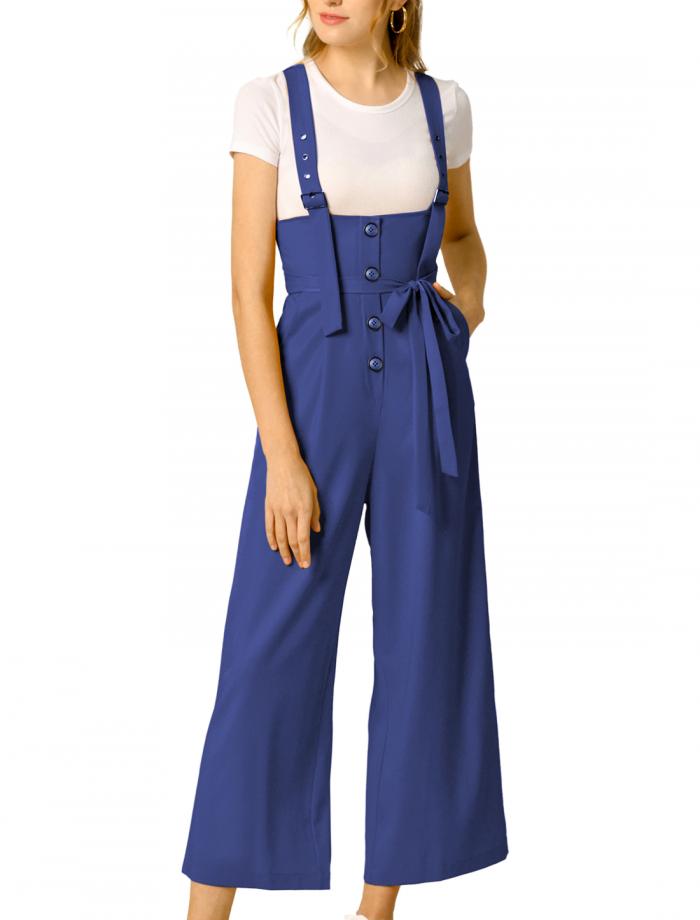 Allegra K サロペットパンツ ハイウエスト オーバーオール 前ボタン ワイドパンツ レディース ブルー 2XL