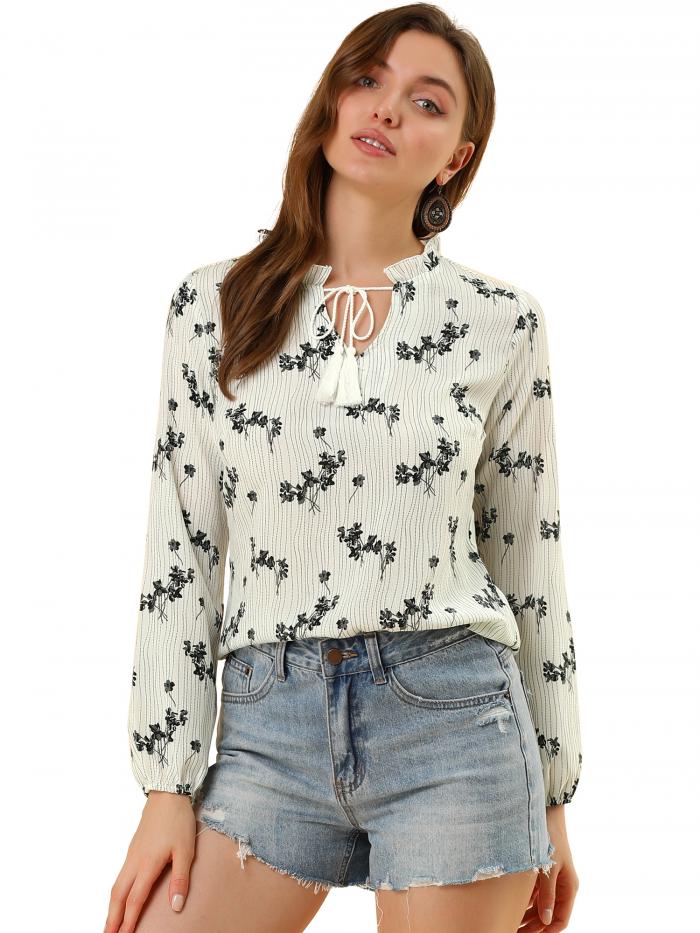 Allegra K 花柄 ボウタイブラウス フリルネック 長袖 トップス レディース ホワイト S