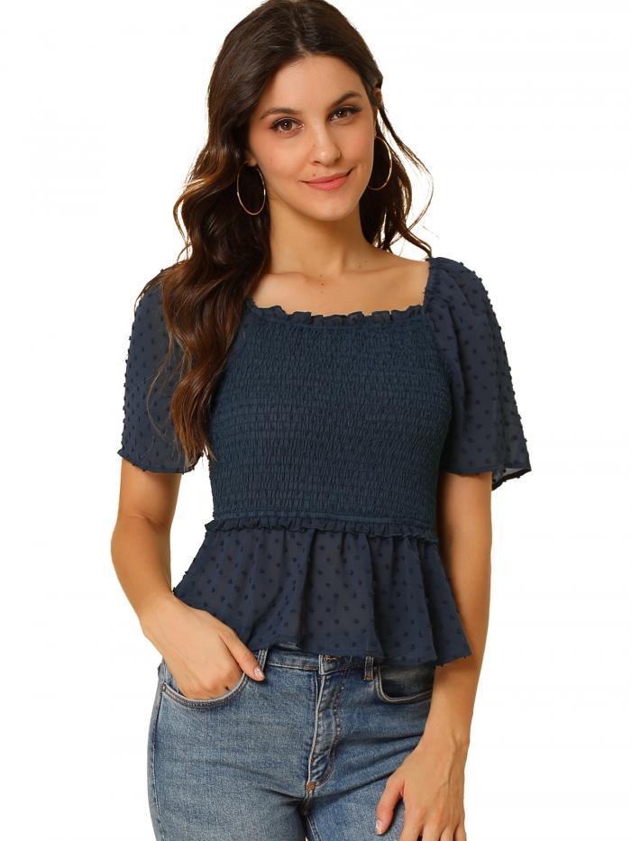 Allegra K ペプラム トップス フリル スクエアネック半袖 水玉 スモークブラウス レディース ダークブルー S