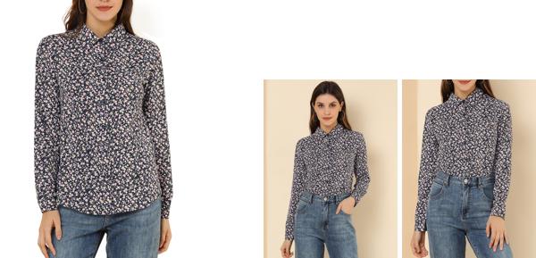 Allegra K 花柄シャツ ブラウス 長袖 おしゃれ ボタンダウン 通勤 オフィス カジュアル レディース ダークブルー XS