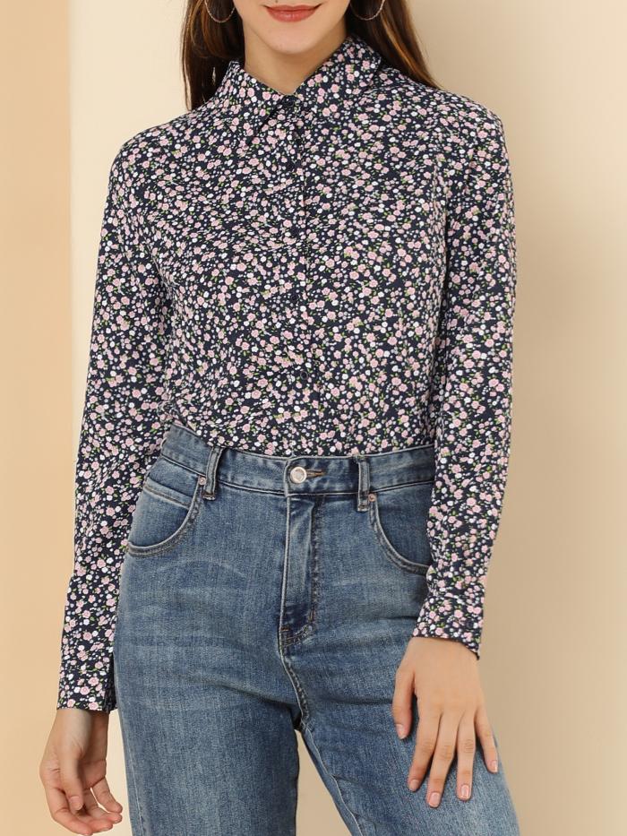 Allegra K 花柄シャツ ブラウス 長袖 おしゃれ ボタンダウン 通勤 オフィス カジュアル レディース ダークブルー XS