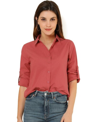 Allegra K ボタンダウン シャツ 無地 ロールアップ 長袖 カジュアル レディース レッド XL Allegra K ボタンダウン シャツ 無地 ロールアップ 長袖 カジュアル レディース レッド XL