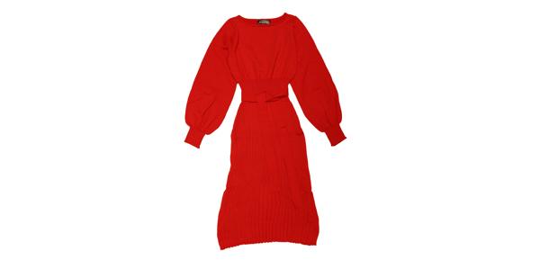 Allegra K ドレス ニット セーターワンピース ベルト付き クルーネック ランタンスリーブ カジュアル プリーツ レディース オレンジレッド S