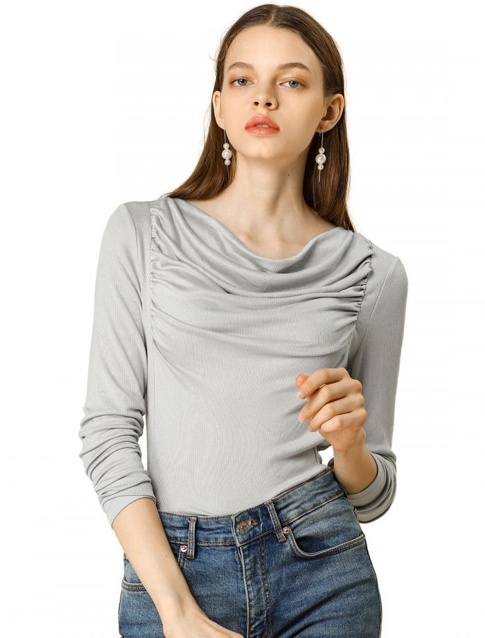 Allegra K ニット トップス カットソー 長袖 リブ生地 ギャザー シャーリング カウルネック レディース グレー XL