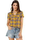 Allegra K 赤チェックシャツ 半袖 フランネル レディース ボタンダウン カジュアル 夏 イエロー XL