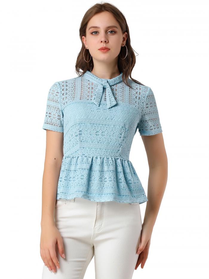 Allegra K ブラウス トップ レースのキーホールバック 半袖 ネクタイネック セミシアー レディース ブルー L