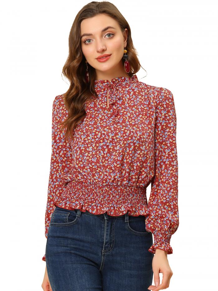 Allegra K 花柄 ブラウス ボウタイ フリル ペプラム スモック パフスリーブ 長袖 レディース 赤 XS