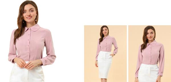 Allegra K ブラウス レディース 長袖 シフオンブラウス 丸襟 可愛い シャツ オフィス カジュアル トップス 着痩せ おしゃれ 通勤 OL ピンク XS