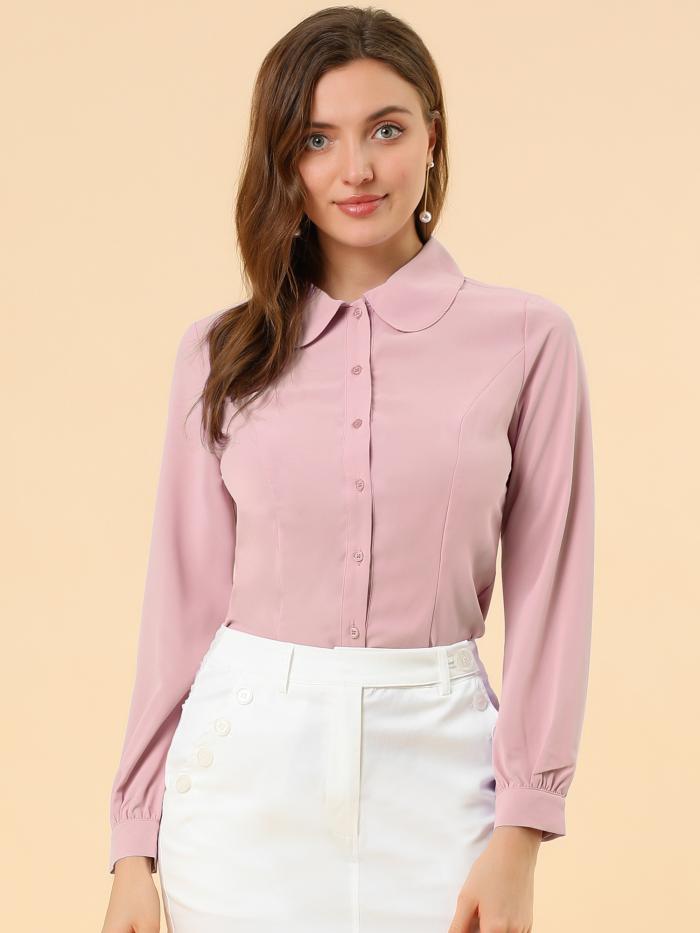 Allegra K ブラウス レディース 長袖 シフオンブラウス 丸襟 可愛い シャツ オフィス カジュアル トップス 着痩せ おしゃれ 通勤 OL ピンク XS