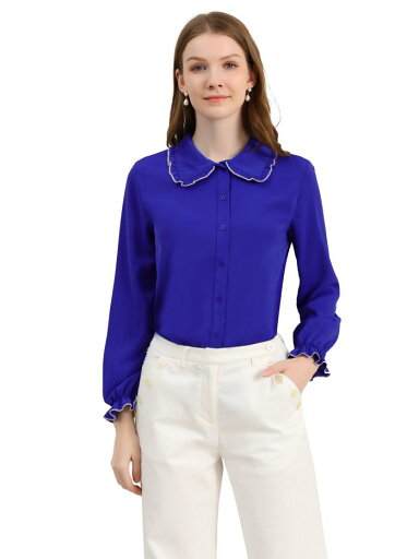 Allegra K 襟付きブラウス 丸襟 ブラウス 白 シャツ 長袖 可愛い おしゃれ オフィス カジュアル レディース ブルー XS Allegra K 襟付きブラウス 丸襟 ブラウス 白 シャツ 長袖 可愛い おしゃれ オフィス カジュアル レディース ブルー XS
